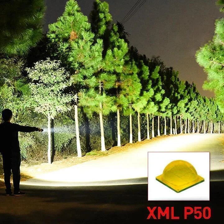 Black flashlight casting light along a path beside trees