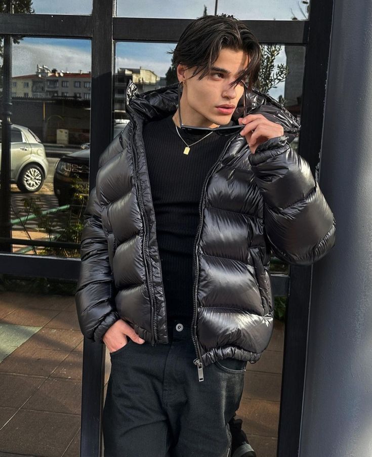 Quilted hooded puffer jacket, styled front view