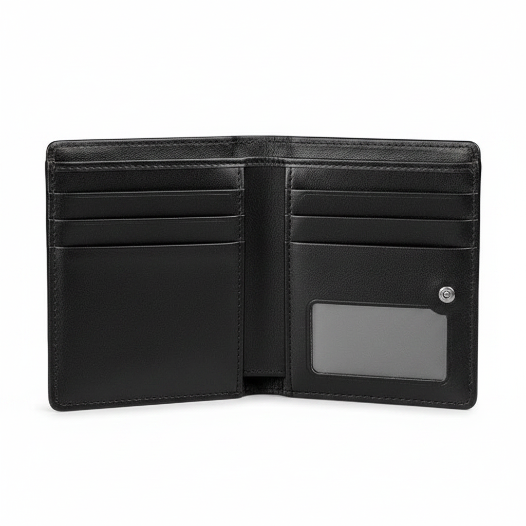 Black leather bifold wallet open, with card slots and ID window