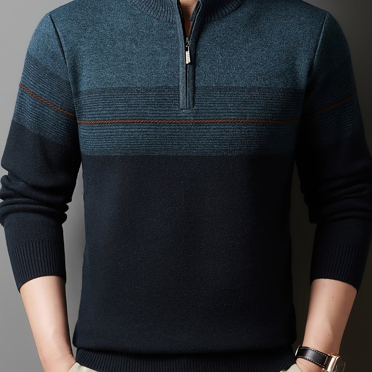 Quarter-zip striped knit sweater, blue color view