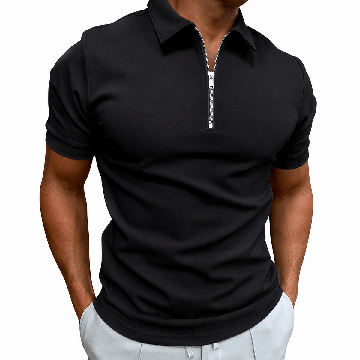 Slim fit half-zip polo, black front view