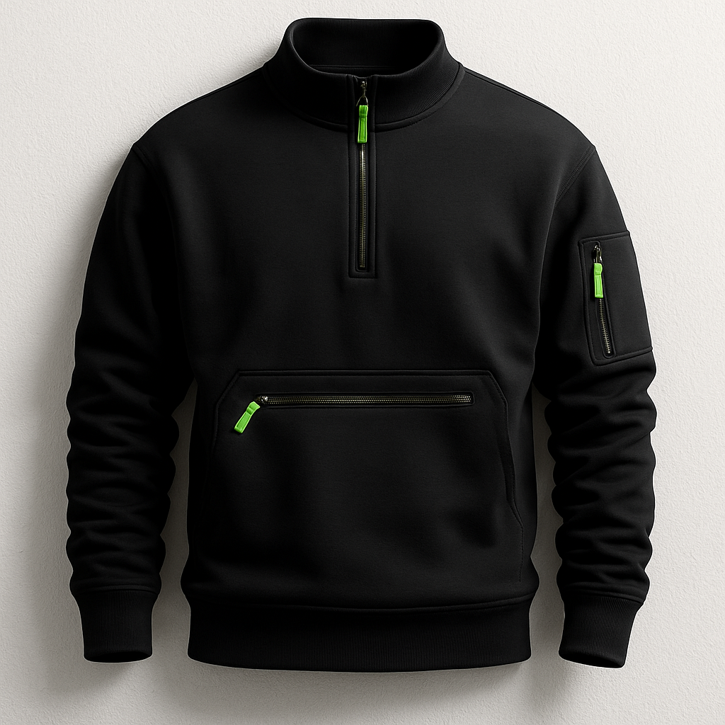 Men's black knit pullover with quarter-zip and front kangaroo pocket