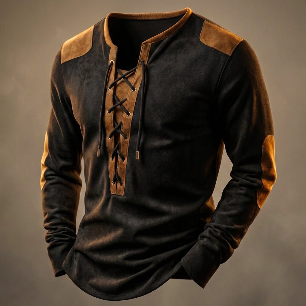 Lace-up contrast henley shirt, obsidian black color view