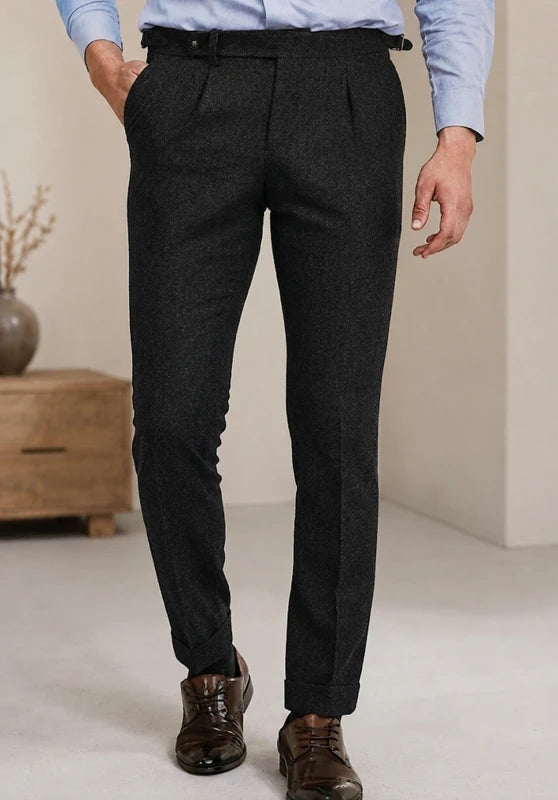 Pleated slim fit trousers, black color view
