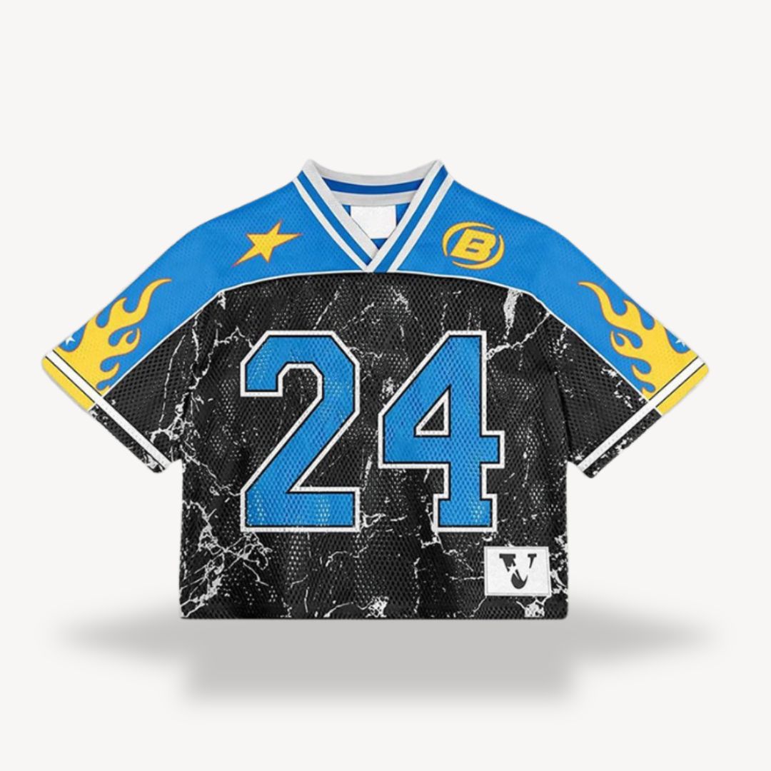 Blue V-neck short sleeve jersey shirt with yellow-and-black sides and large blue number 24