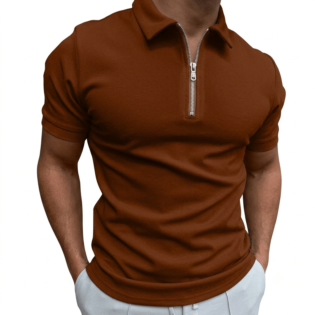 Slim fit half-zip polo, brown front view