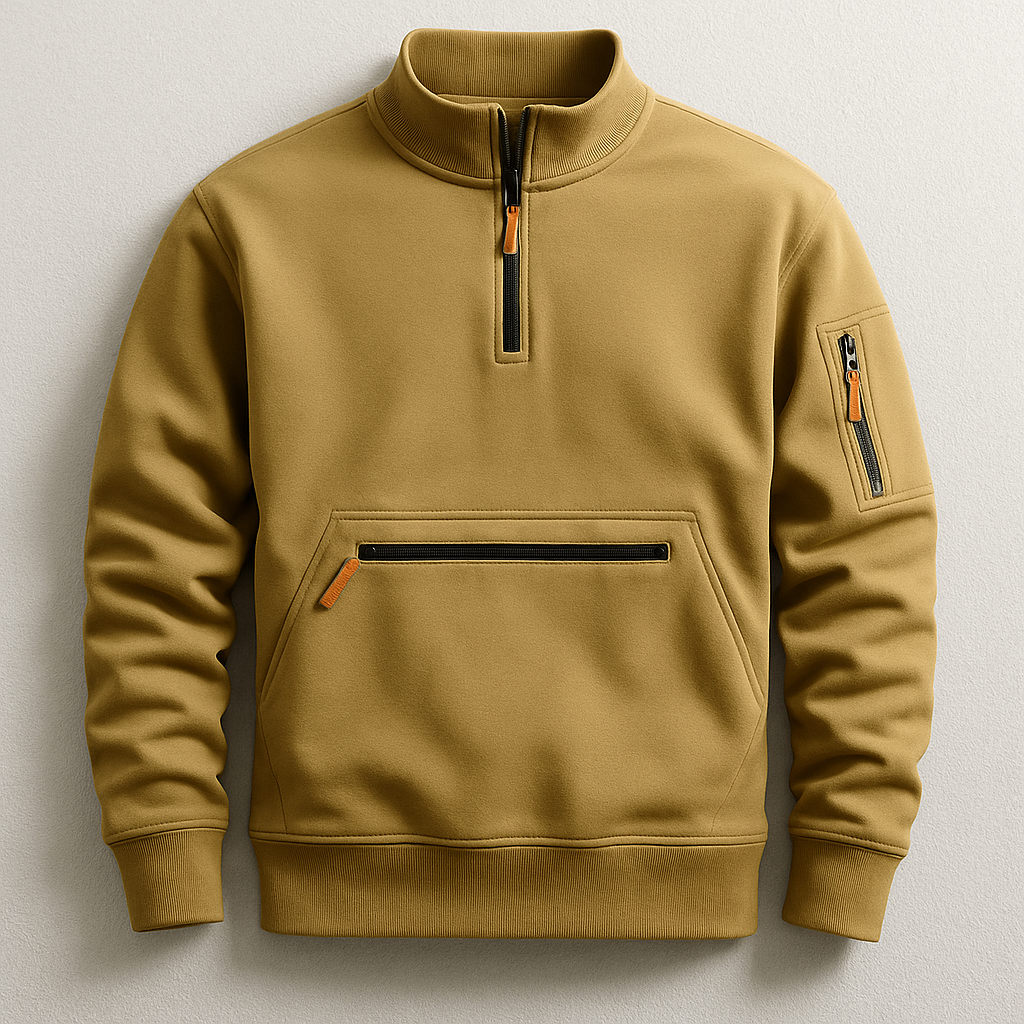 Men's brown knit pullover with quarter-zip and kangaroo front pocket