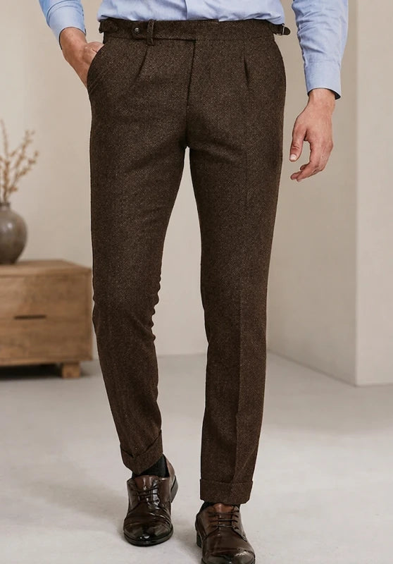 Pleated slim fit trousers, brown color view
