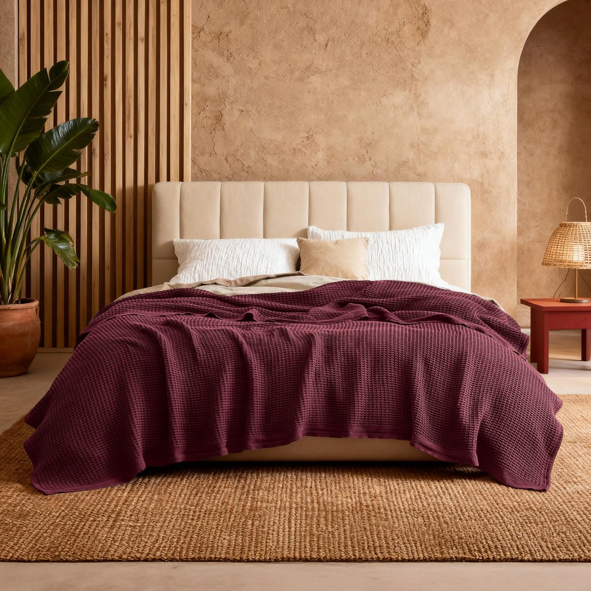 Cotton waffle-weave cooling blanket in deep burgundy, draped over the bed