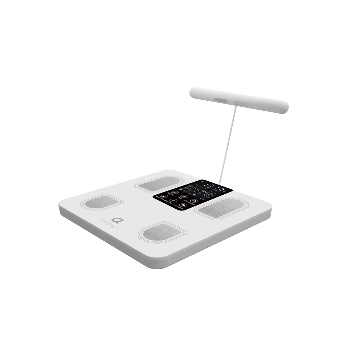 White smart body scale with screen, top buttons, and vertical support rod