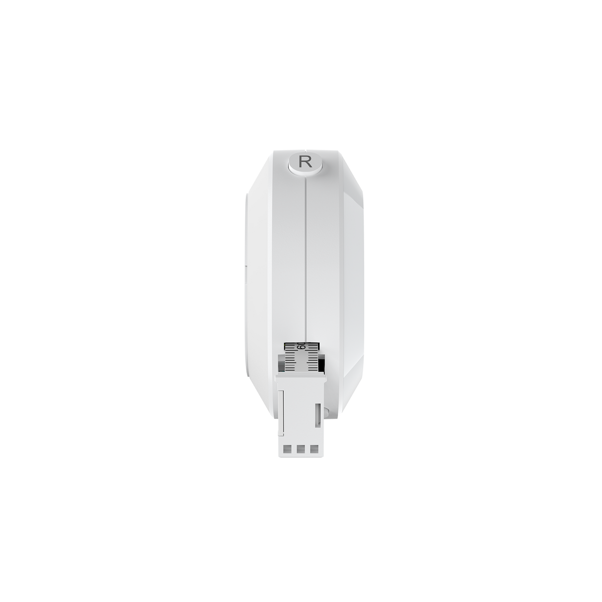 Smart tape measure sensor, back view with R marking, white housing