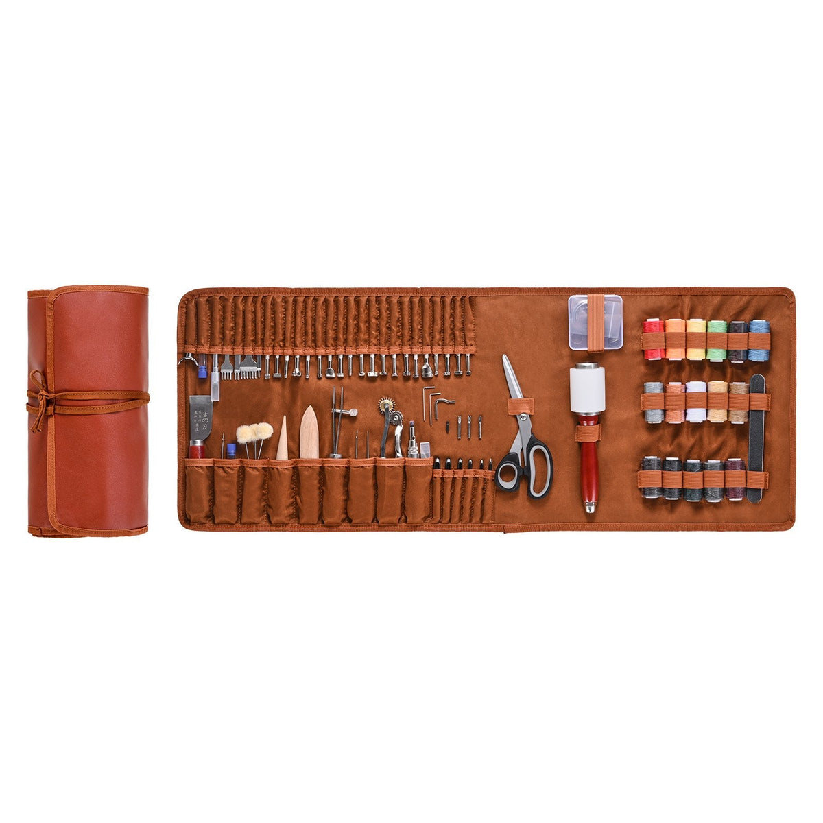 Brown leather tool roll with assorted leatherworking tools and compartments