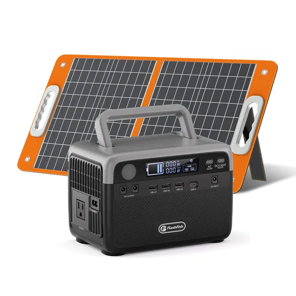 Portable power station with orange fold-out solar panel and black front panel display
