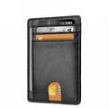 Slim black leather wallet with card slots and visible RFID window