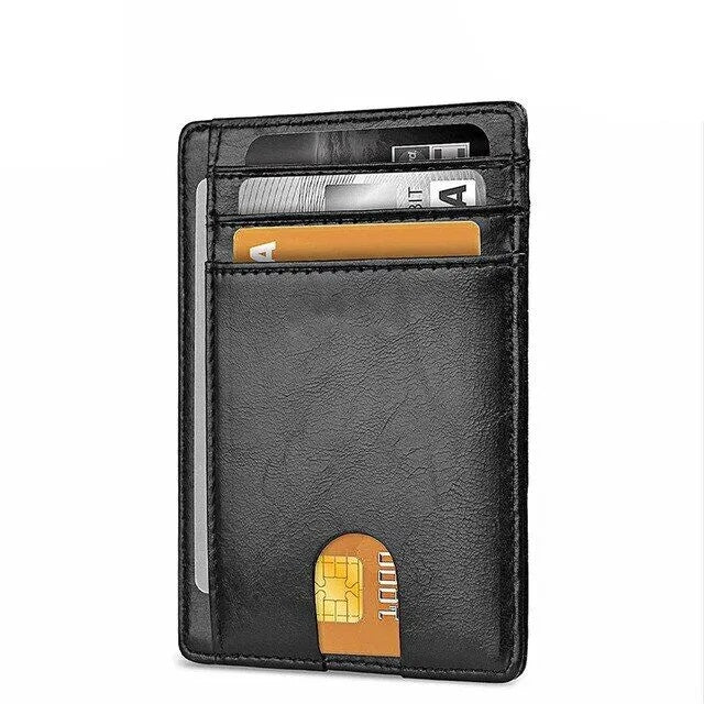 Slim black leather wallet with card slots and visible RFID window