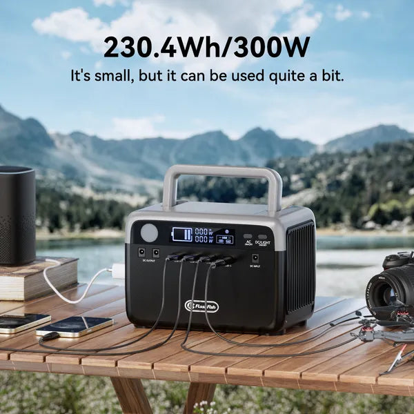 Portable power station on outdoor table with solar panel and front USB/C ports