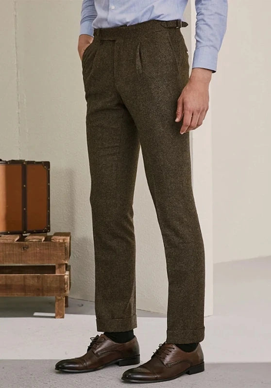Pleated slim fit trousers, close-up detail