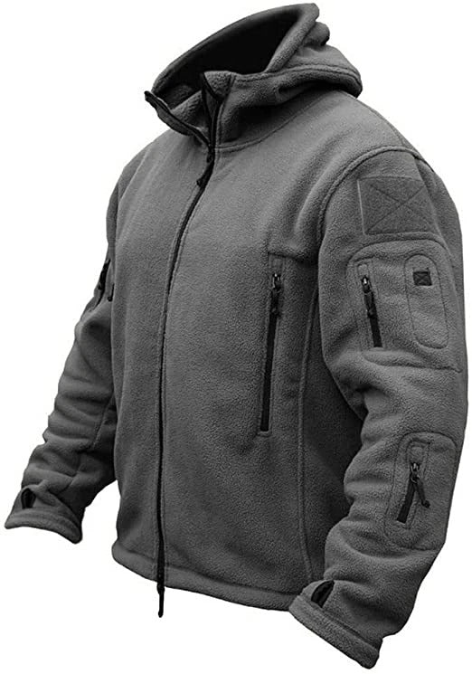 Gray hooded fleece jacket with front zipper, chest pocket, and sleeve utility pockets
