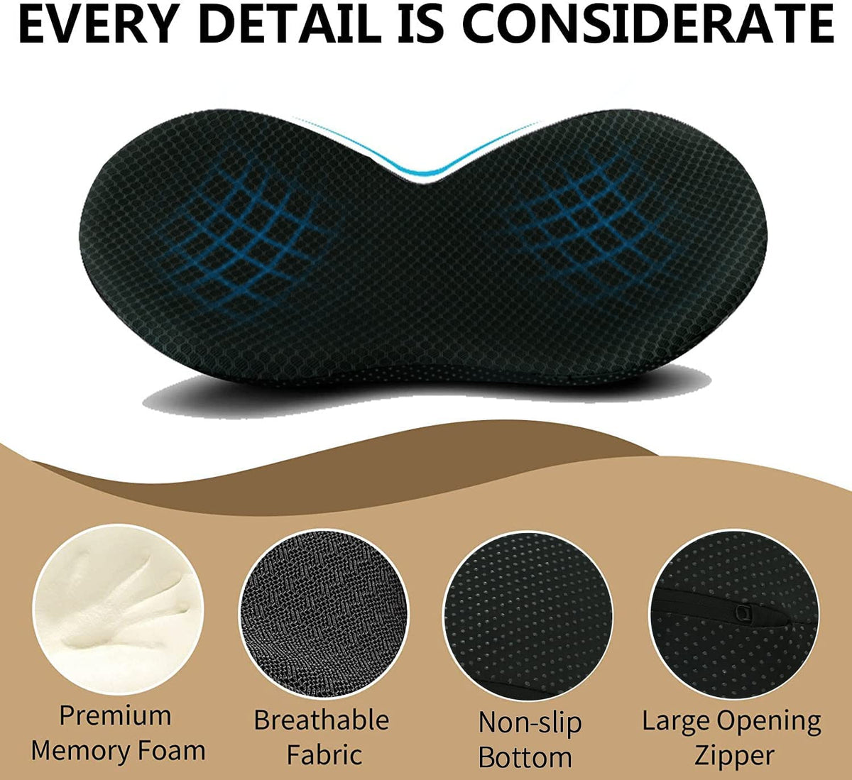 Black memory foam car seat cushion with blue grid top and non-slip bottom detail