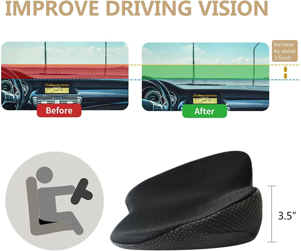 Black memory foam car seat cushion shown on seat with height and fit diagram