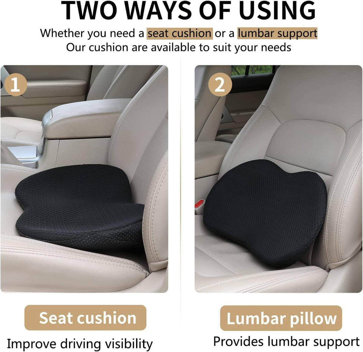 Black memory foam car seat cushion for seat comfort on a car bench seat