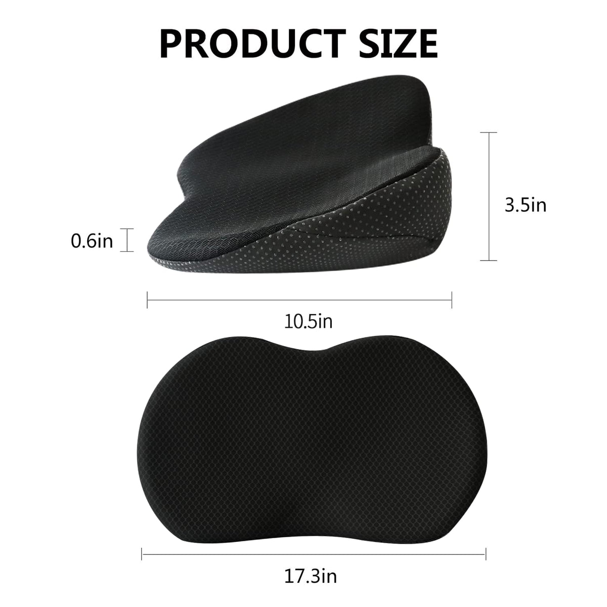 Black memory foam car seat cushion size: 17.3in wide, 3.5in high