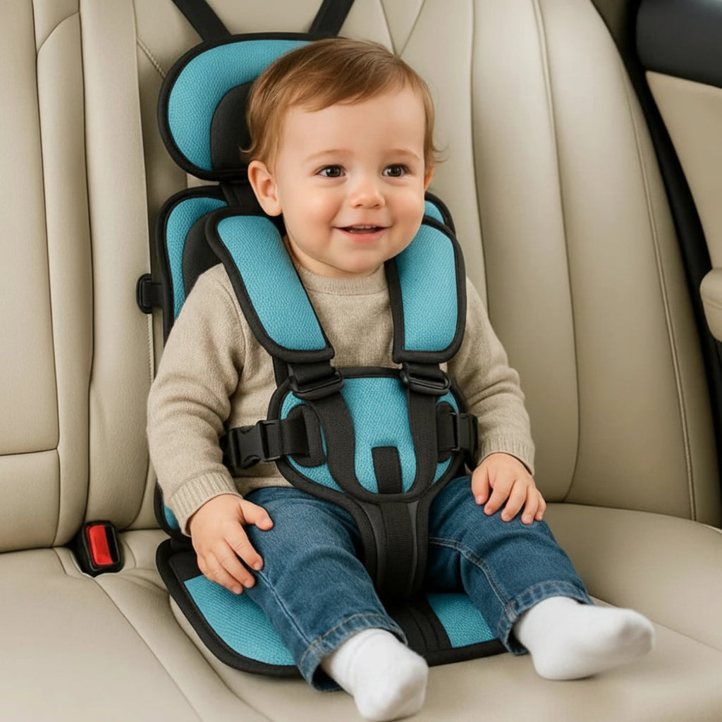 Teal kids travel safety seat with padded headrest and 5-point harness in car