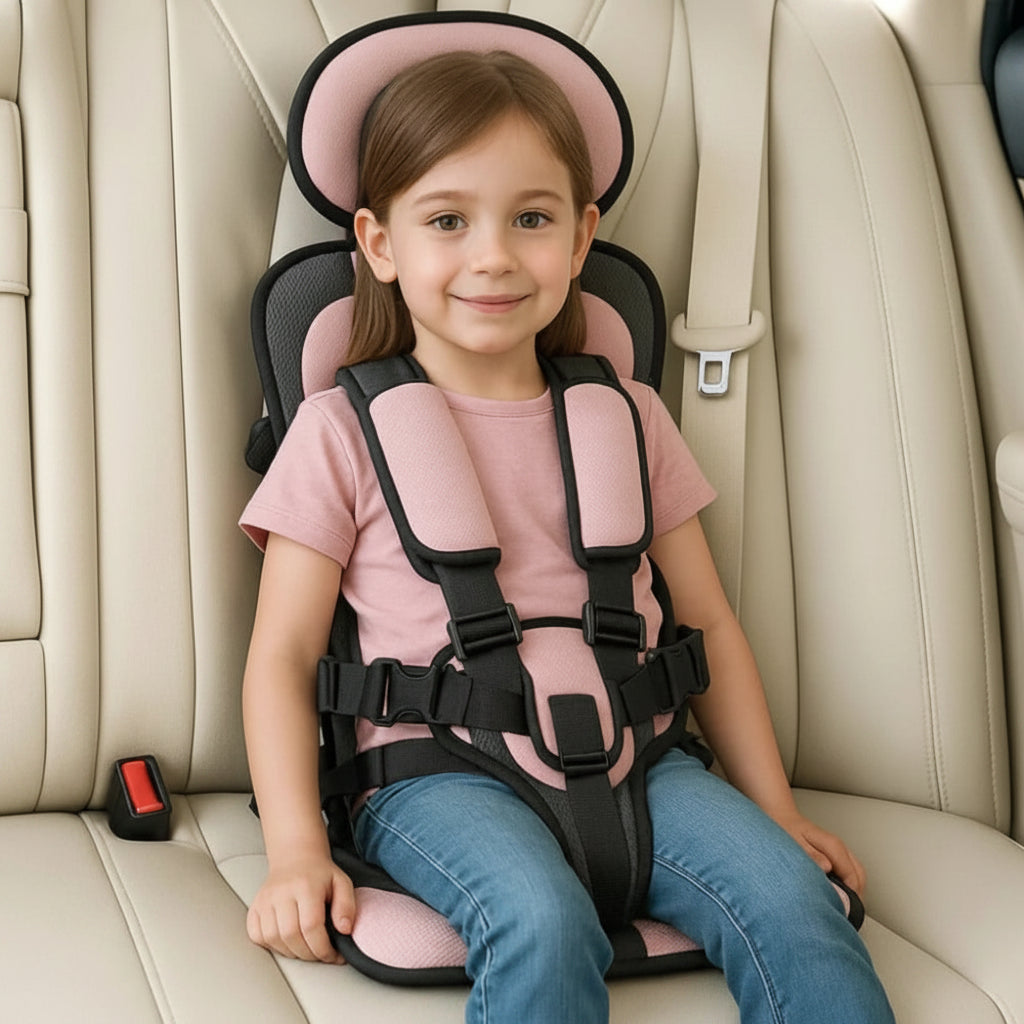 Pink kids travel safety seat with padded headrest and adjustable black harness straps