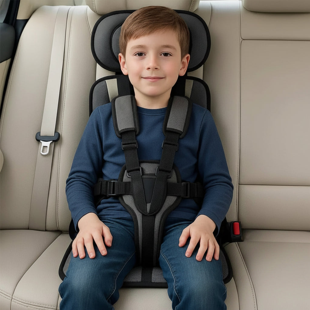 Blue compact kids travel car seat safety harness with padded head and arm supports