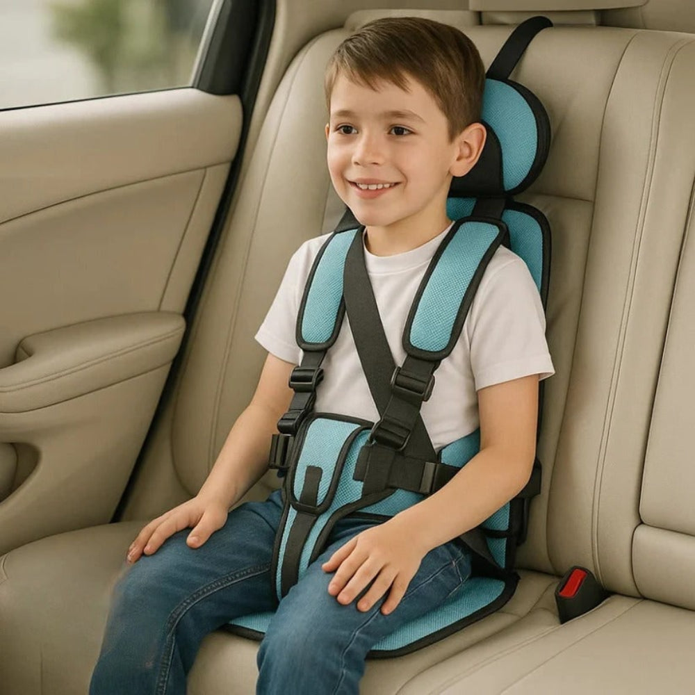 Light blue kids travel safety seat with padded headrest and 5-point harness