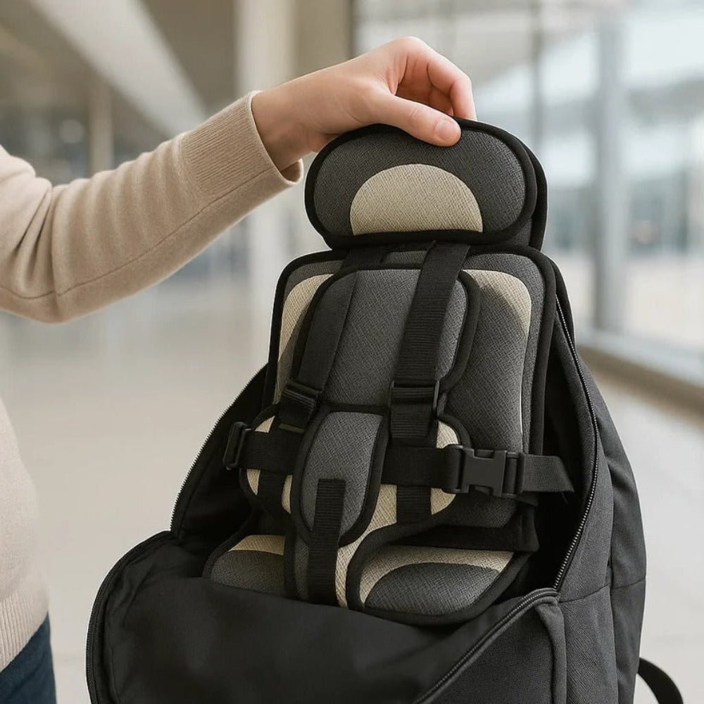 Dark gray kids travel seat safety booster with padded headrest and adjustable straps