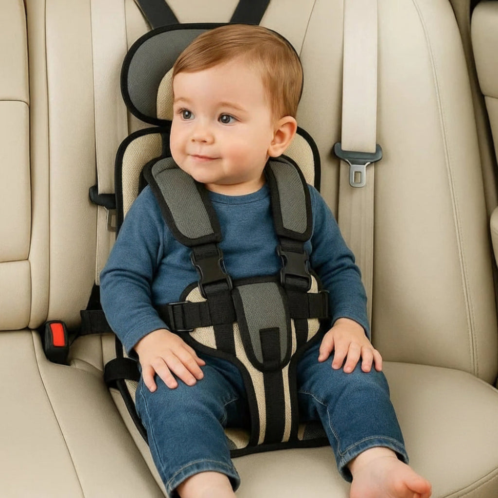 Blue kids travel seat safety booster with padded headrests and five-point harness