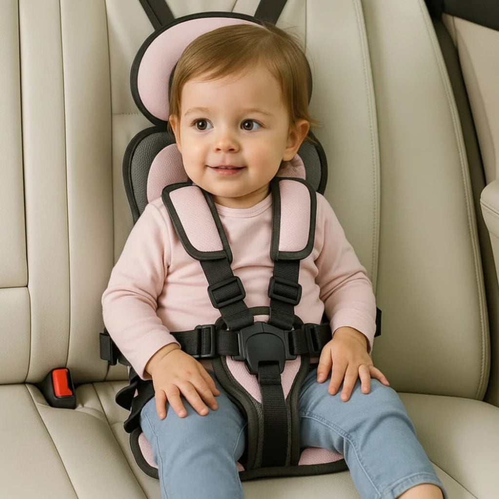 Pink kids travel safety seat with padded headrest and black 5-point harness