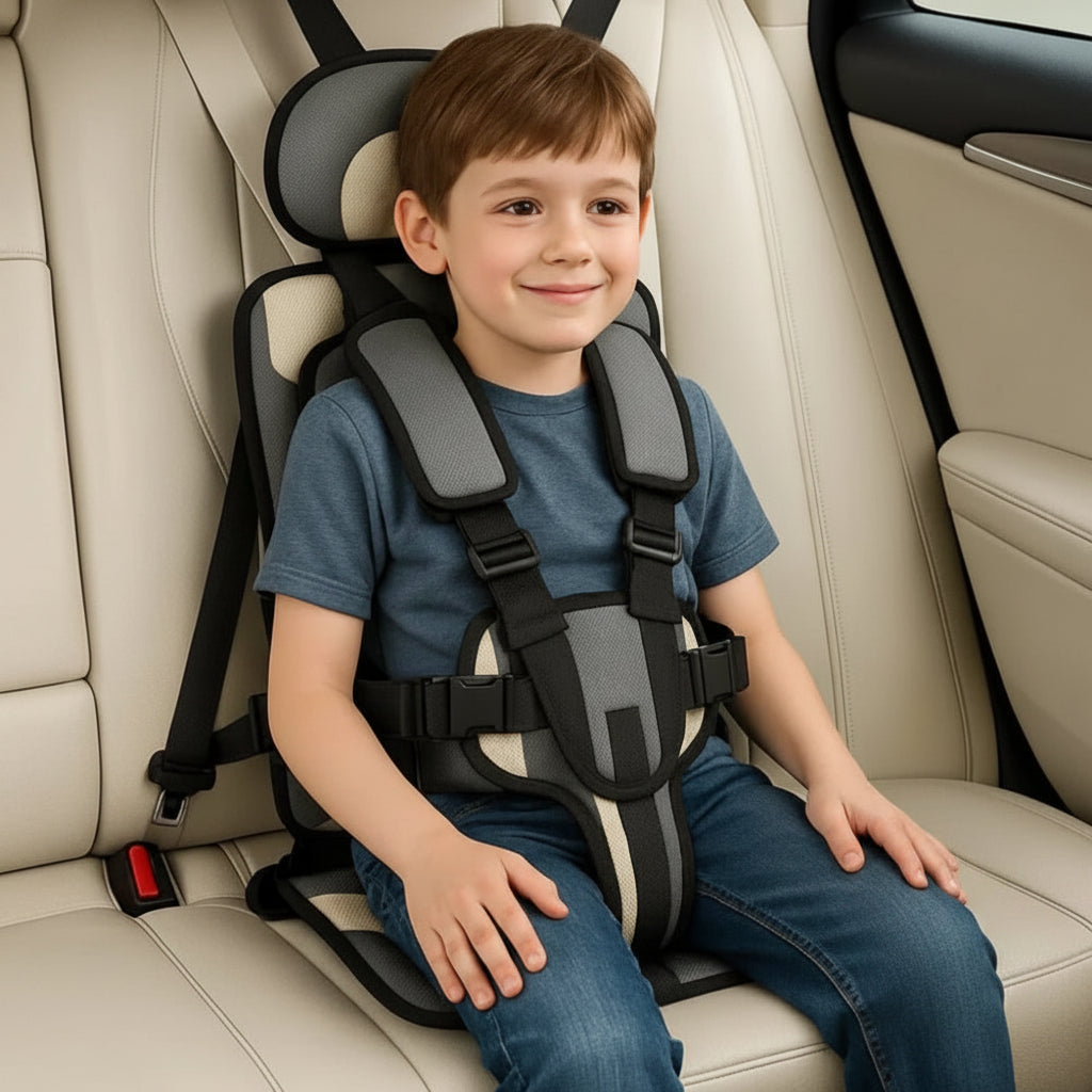 Gray kids travel safety seat with padded headrest and black harness straps in car