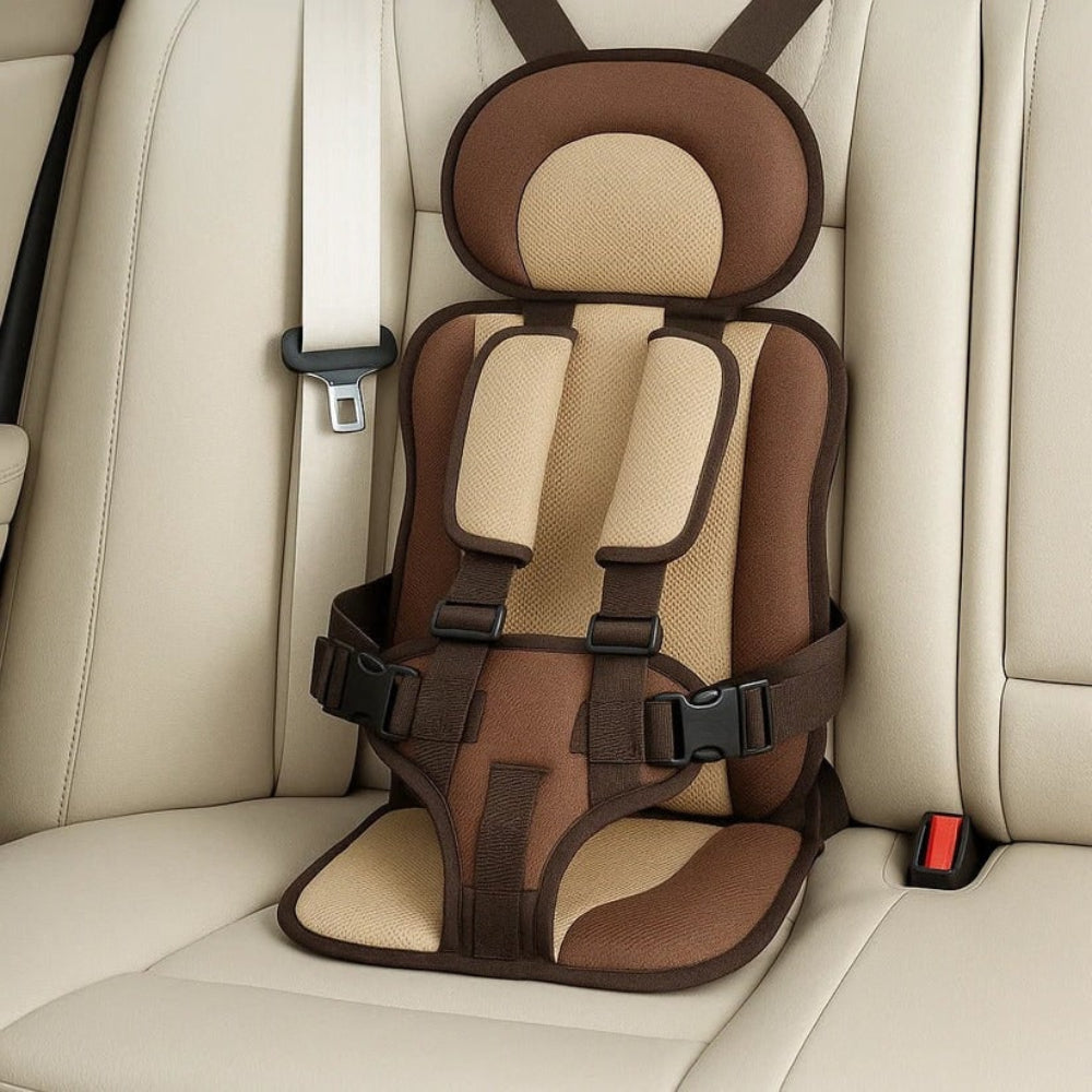 Brown kids travel safety seat with padded headrest and 5-point harness straps