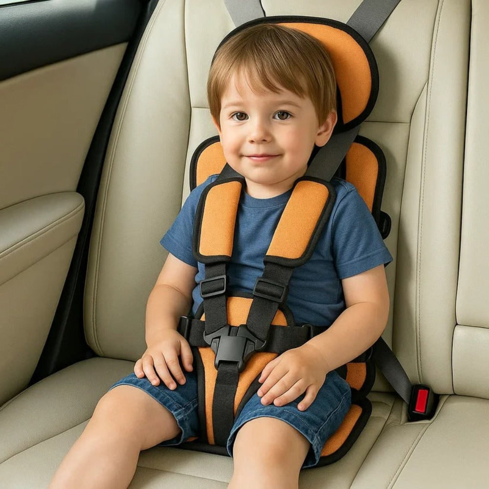 Orange and dark gray kids travel car seat safety booster with padded side wings