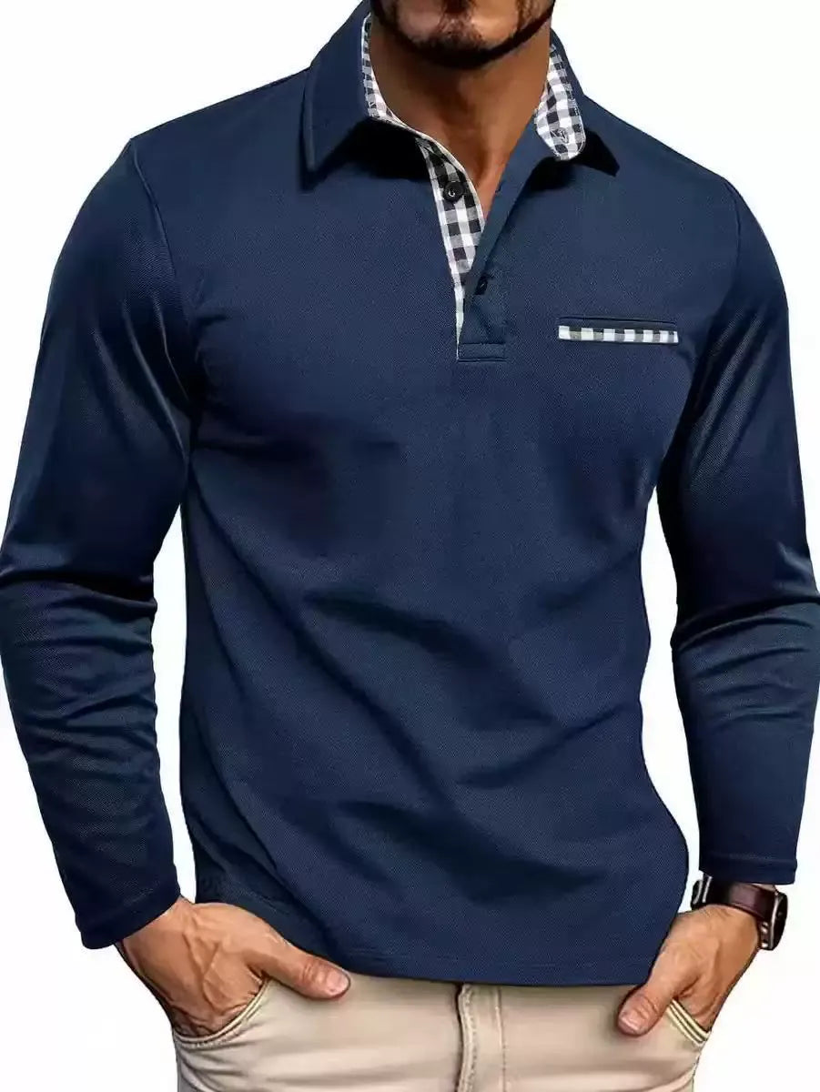 Navy long-sleeve knit polo with patterned trim collar and chest pocket stripe