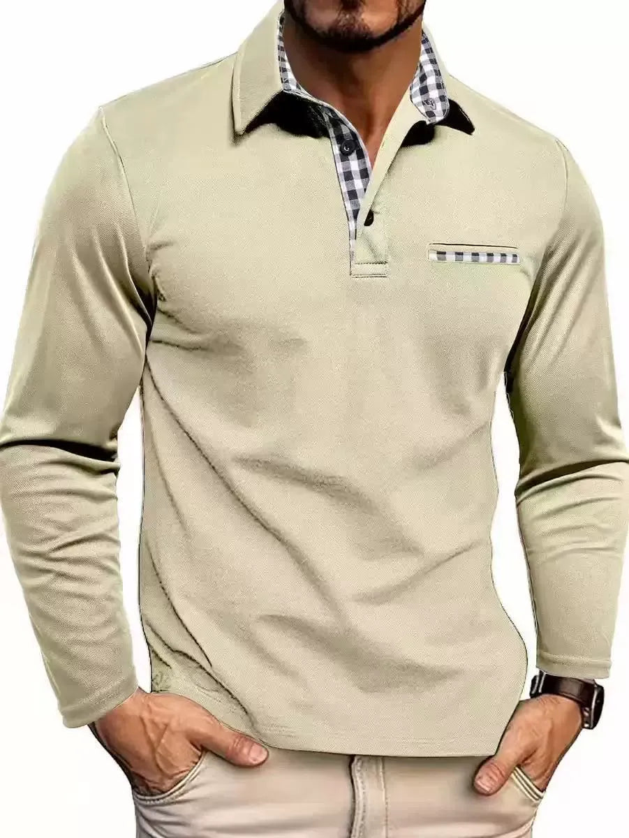 Beige long-sleeve knit polo with patterned trim collar and chest pocket stripe