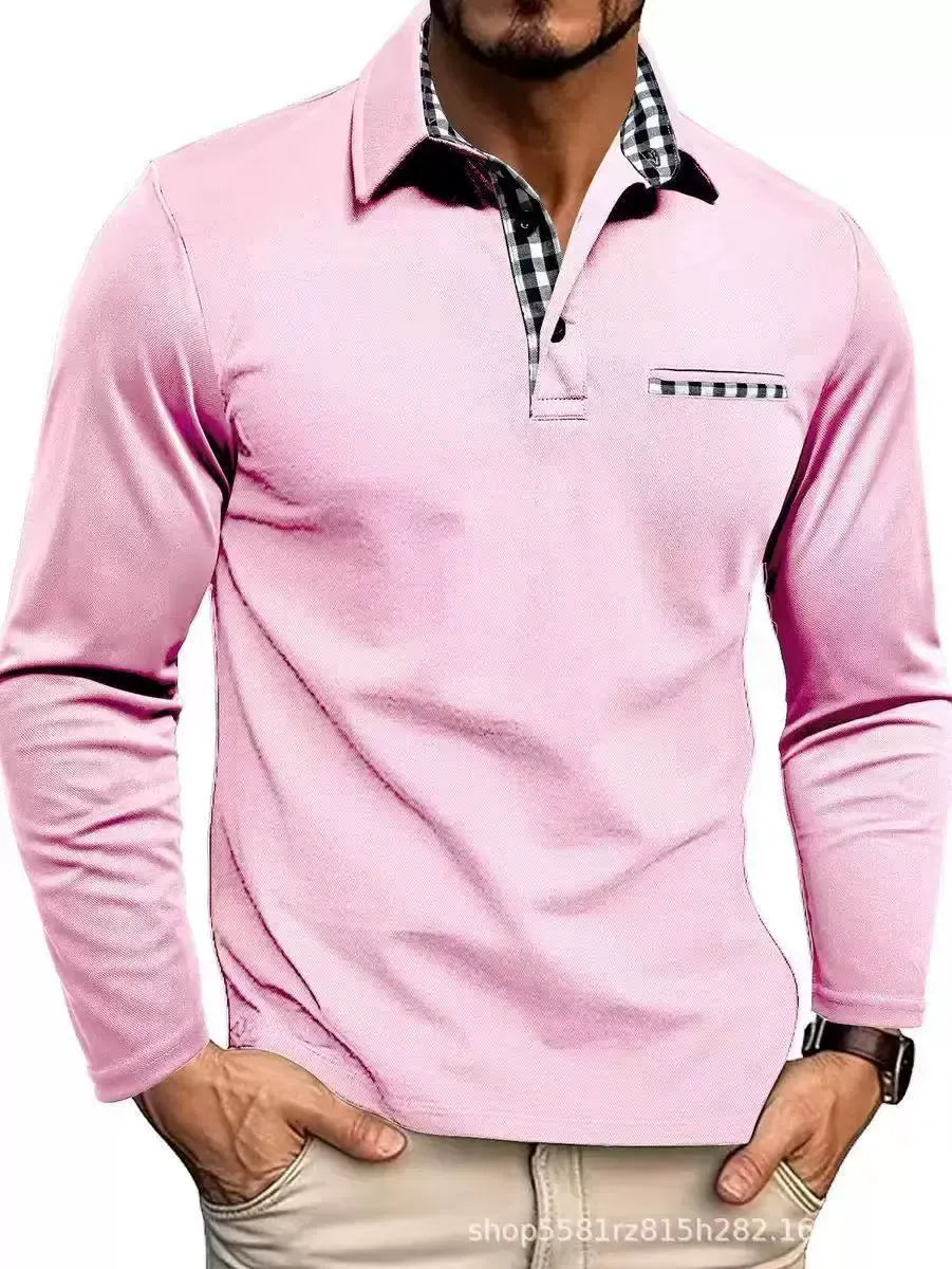 Long sleeve knit polo shirt with patterned trim collar and chest pocket, pink