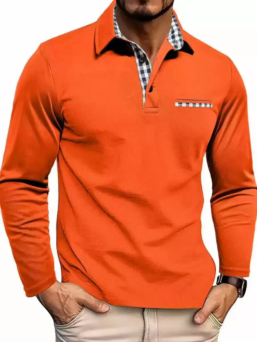 Long sleeve knit polo shirt with patterned trim collar and chest pocket, orange