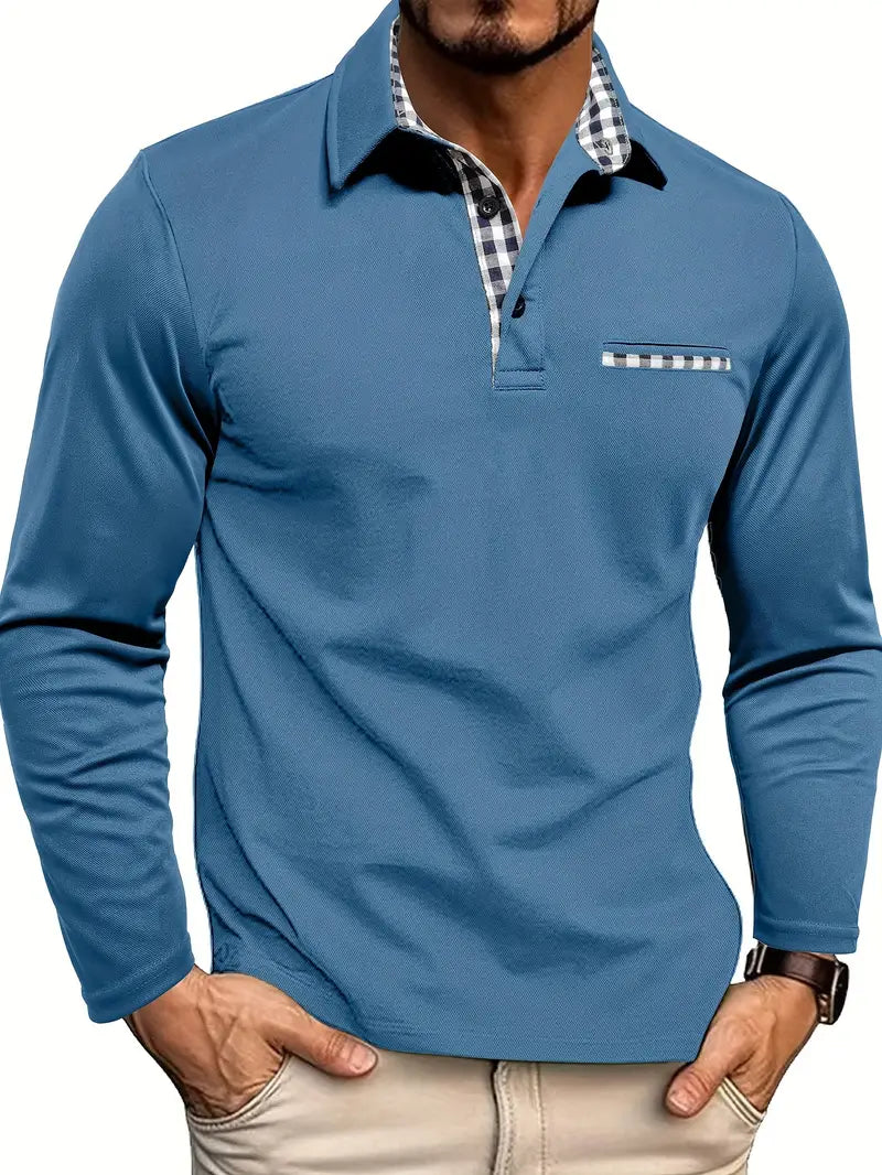 Patterned Trim Long Sleeve Knit Polo