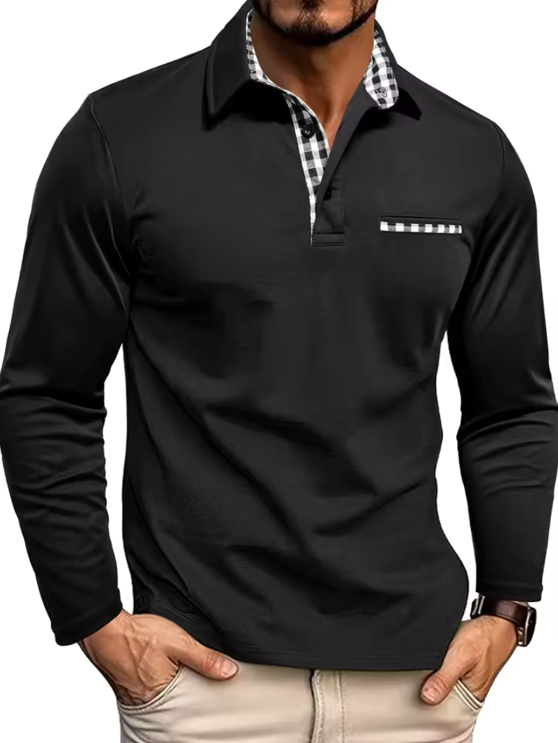 Black long-sleeve knit polo with patterned trim collar and chest pocket stripe