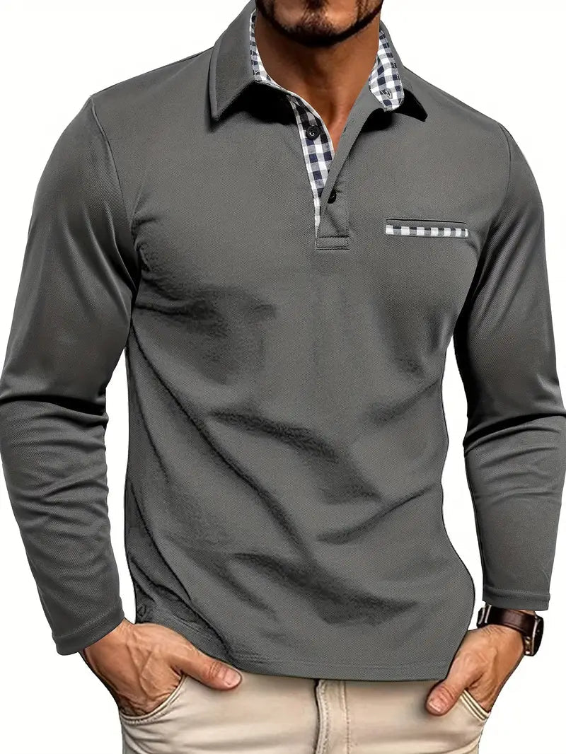 Gray long-sleeve knit polo with patterned trim collar and chest pocket stripe