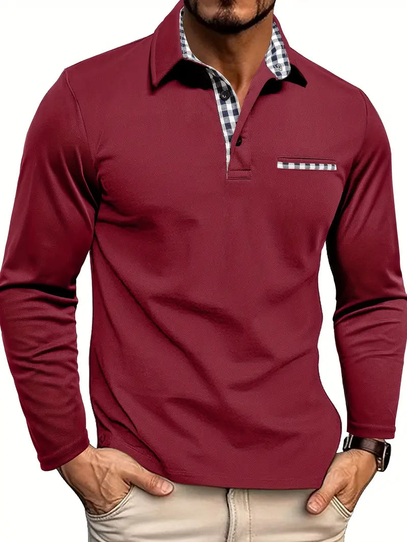 Red long-sleeve knit polo with patterned trim collar and chest pocket stripe