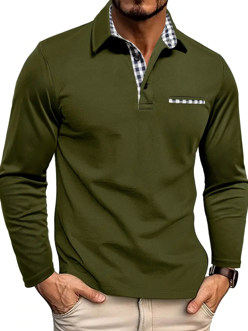 Olive green long-sleeve knit polo with patterned trim collar and chest pocket stripe