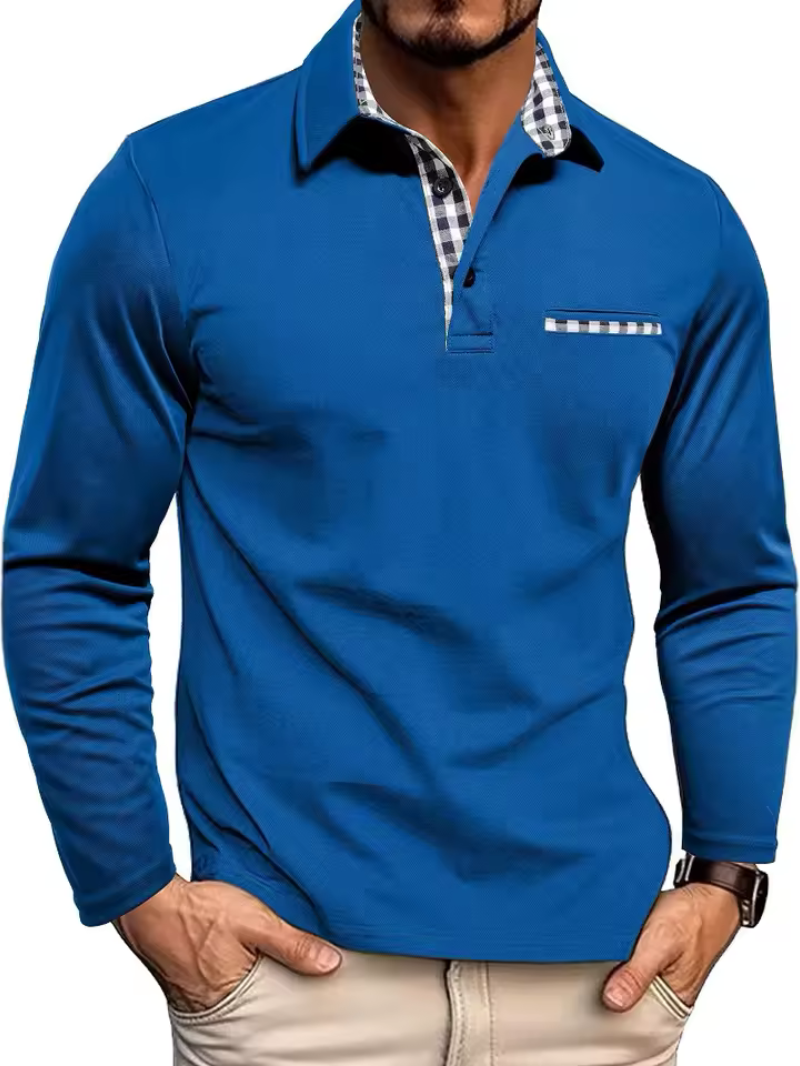 Blue long-sleeve knit polo with patterned trim collar and chest pocket stripe