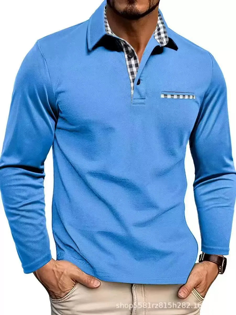Blue long-sleeve knit polo with patterned trim collar and chest pocket stripe