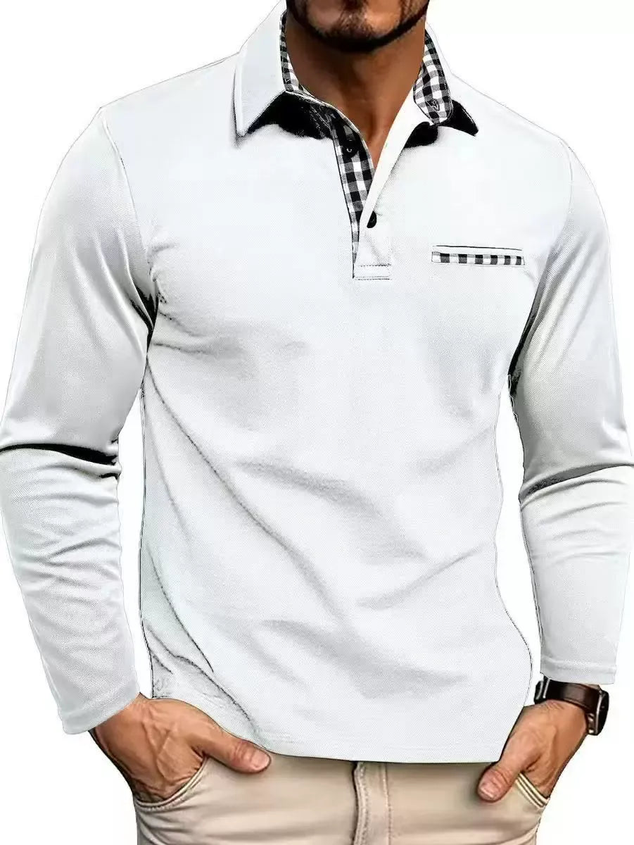 White long-sleeve knit polo with patterned trim collar and chest pocket stripe