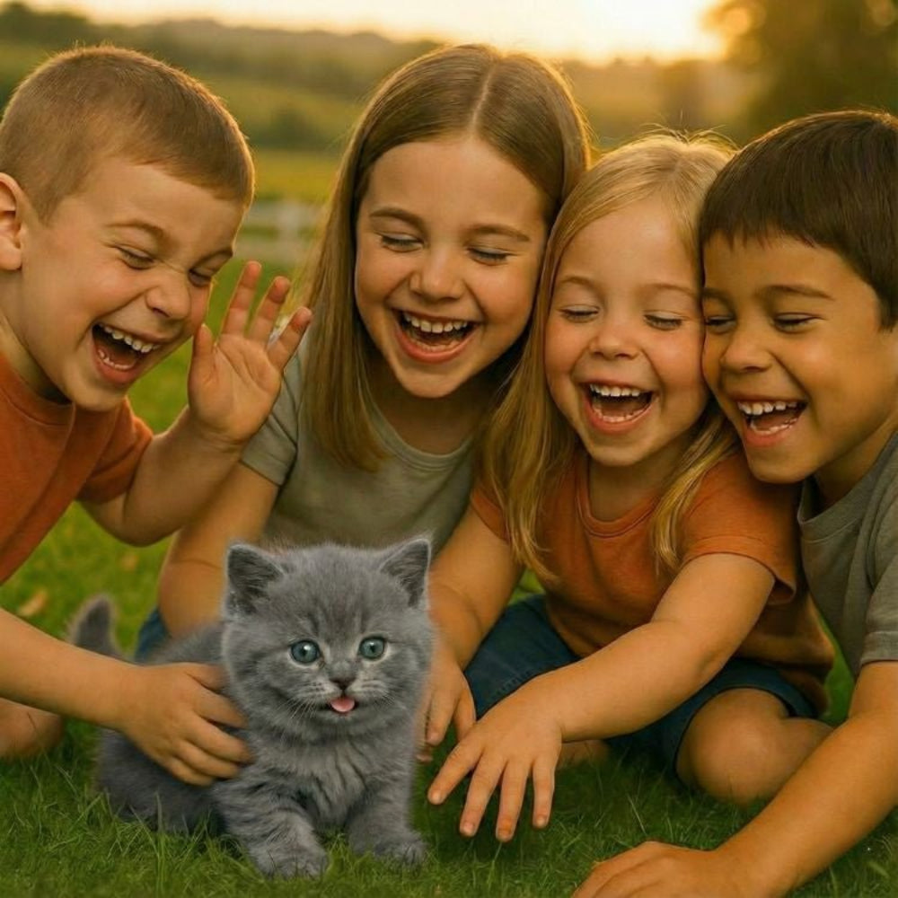 Grey plush robot kitten toy on grass while laughing children reach in
