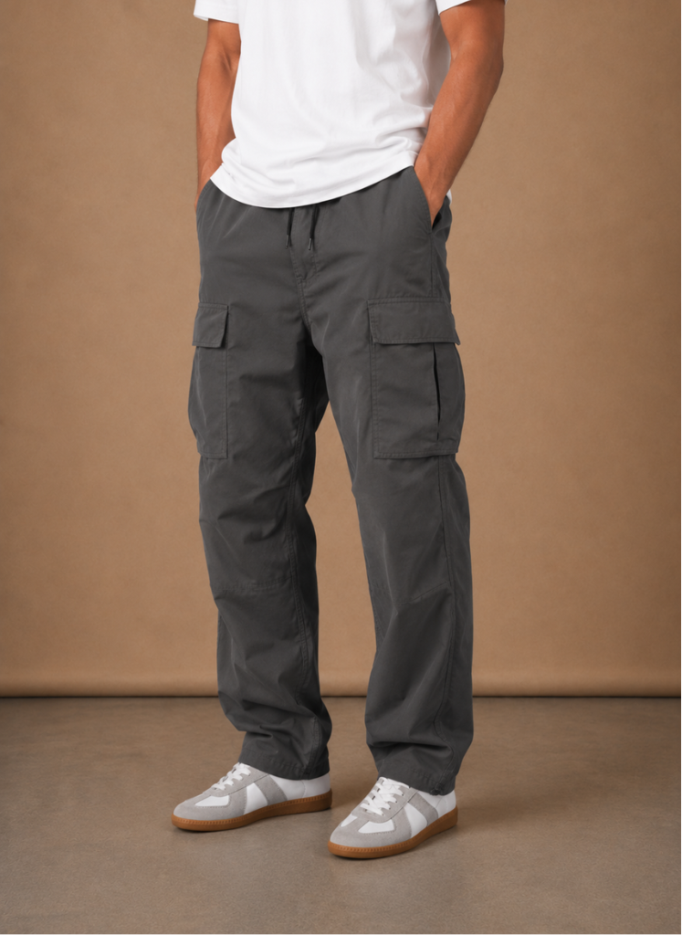 Relaxed utility cargo pants, gray color front view